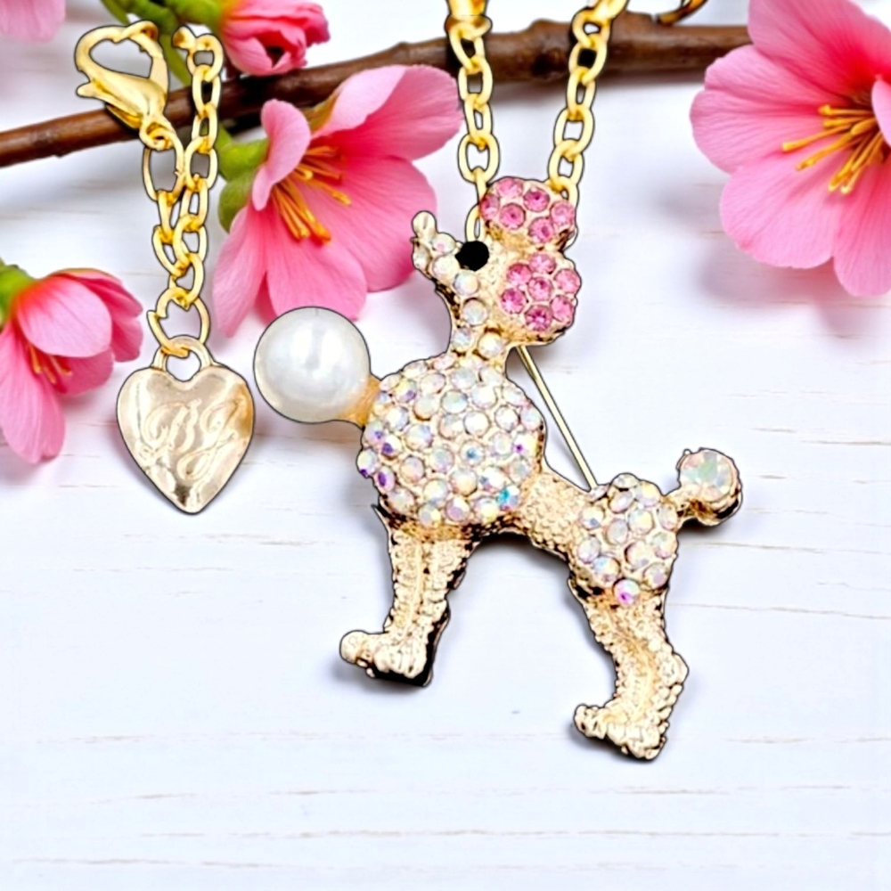 Gold plated pink and white crystal pearl poodle necklace/brooch